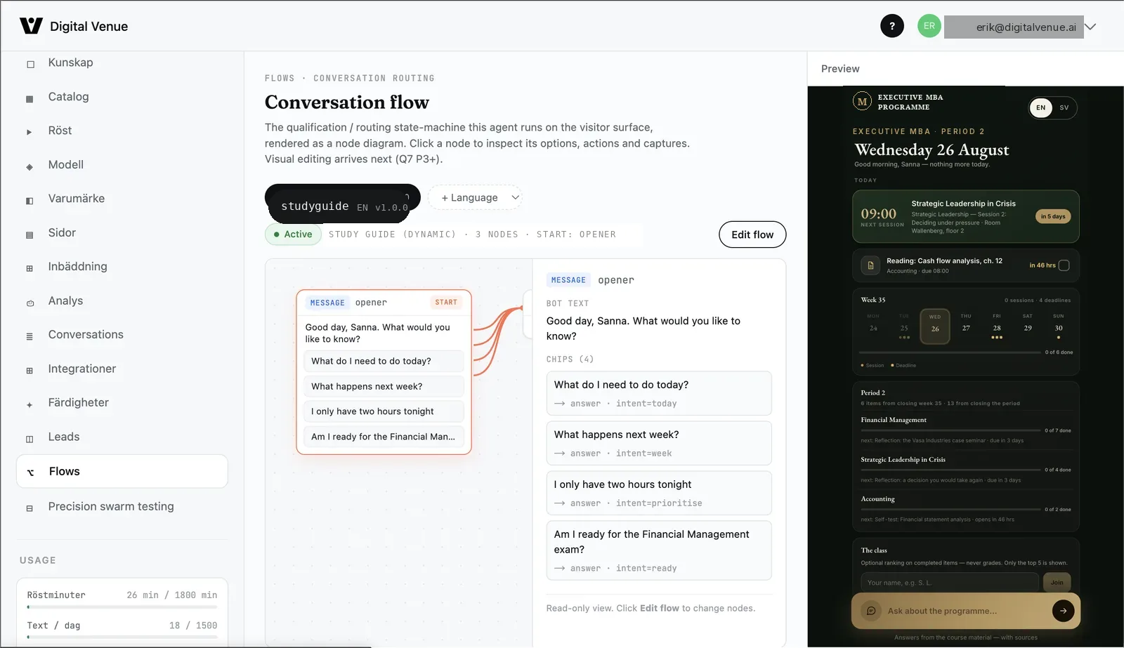 The conversation flow editor, with a live preview of the visitor surface