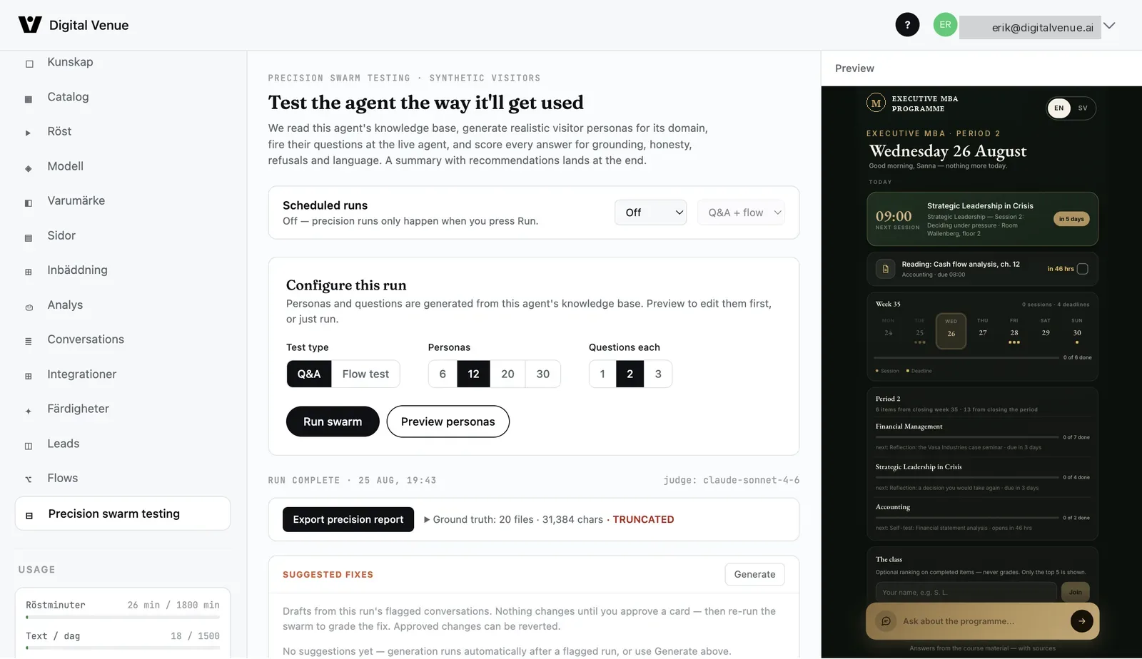 The precision testing screen, scoring agent answers against generated visitor personas