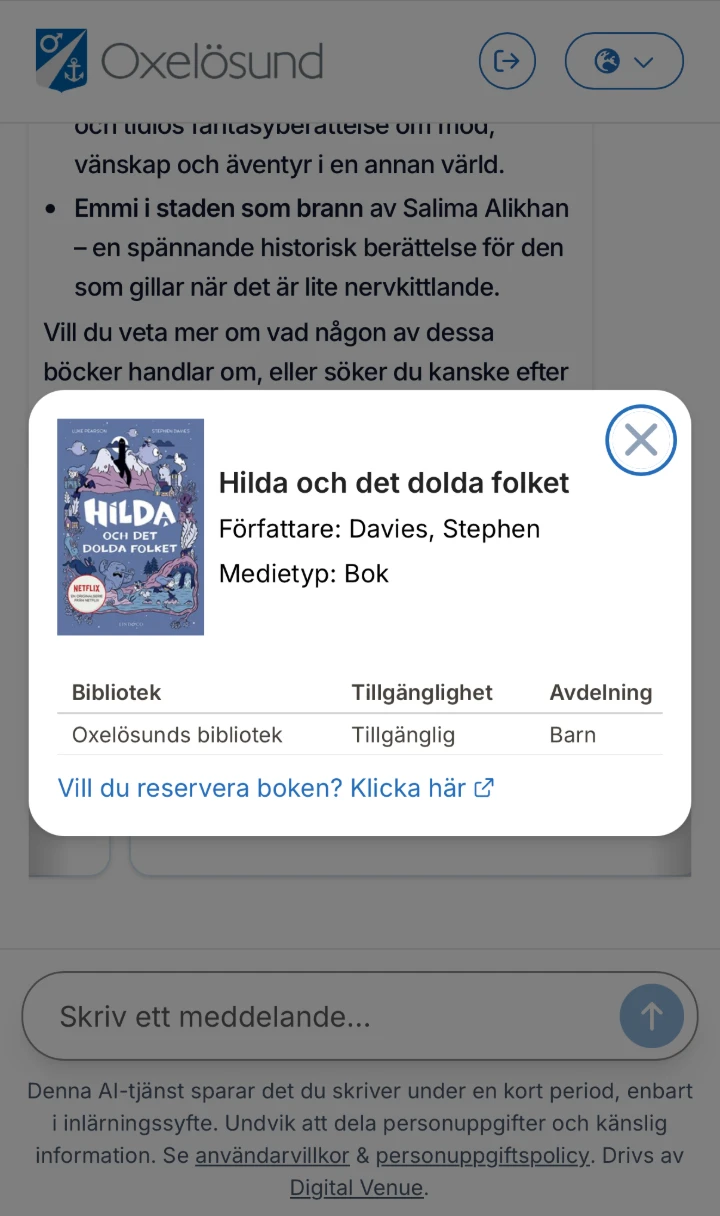 The library AI chat on a phone: a book recommendation opened to show its cover, author, branch and availability, with a link to reserve it