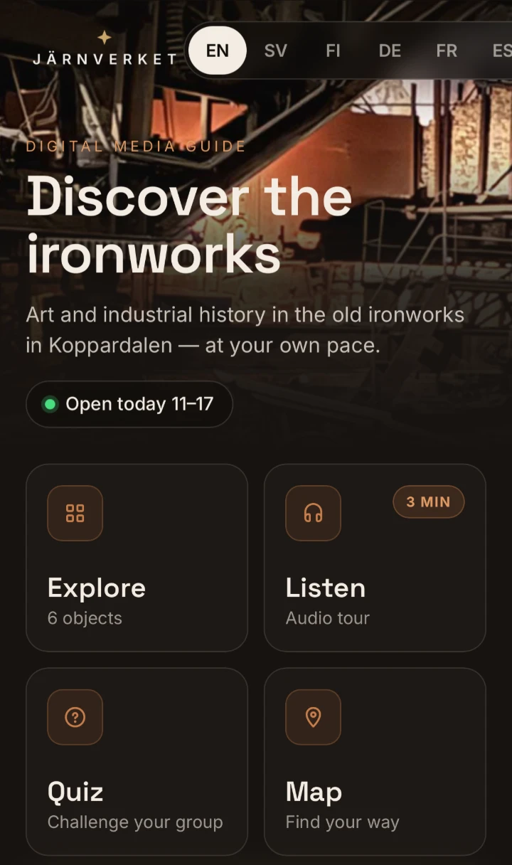 The museum media guide on a phone: the ironworks guide with explore, listen, quiz and map, and sixteen languages