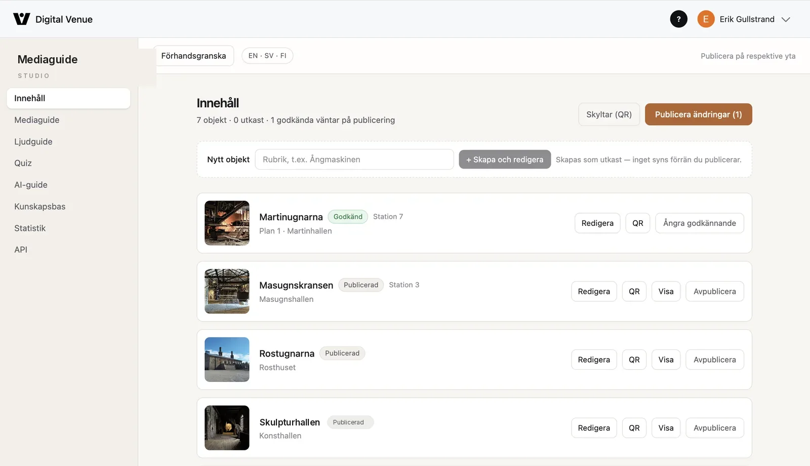 The studio content list, showing drafts, approvals and printable signage